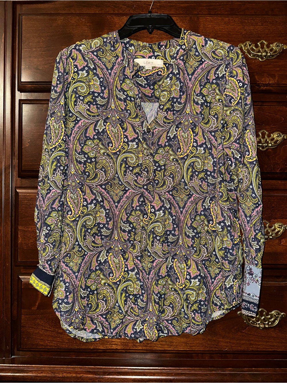 LOFT Paisley V-Neck Blouse in Navy, Yellow & Pink